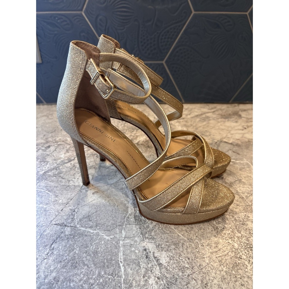 Gianni Bini Gold Glitter Platform Heels Strappy Sandals Women 8.5